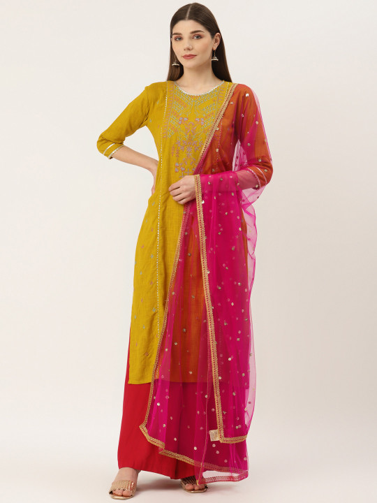 Studio Shringaar Fuchsia Net Embroidered Dupatta
