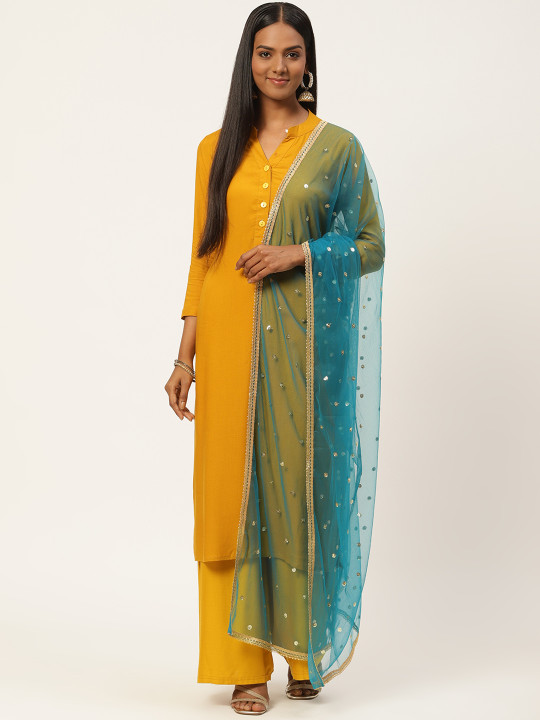 Studio Shringaar Turquoise Blue Embroidered Dupatta
