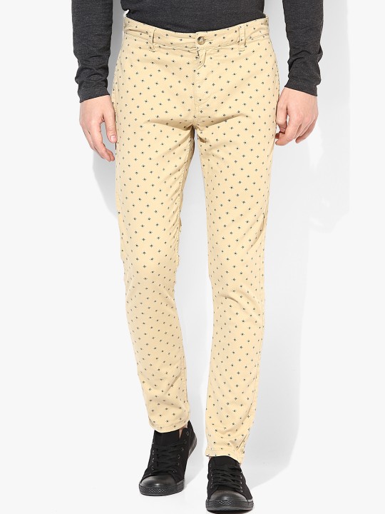 Men Beige & Black Printed Skinny Fit Chino Trousers