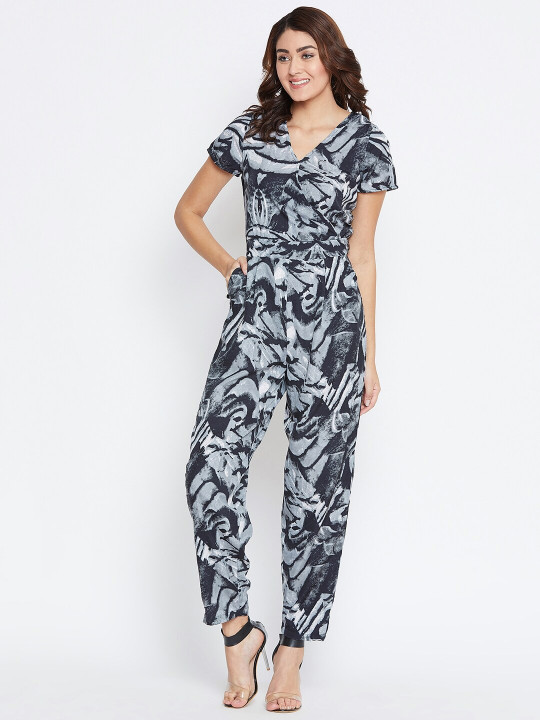 La Zoire Black & Grey Printed Basic Jumpsuit