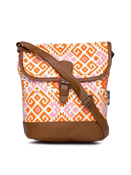 Off-White & Orange Printed Sling Bag