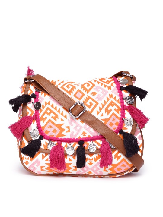 Orange & White Printed Tassel Sling Bag