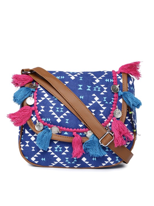 Blue & White Printed Tassel Sling Bag