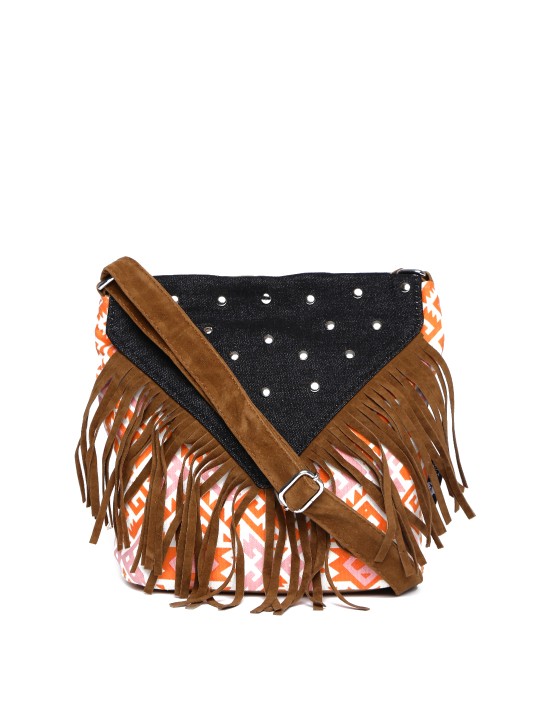 Black & Orange Printed Fringed Sling Bag