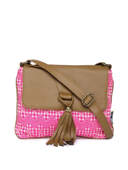 Pink & Brown Patterned Sling Bag with Tassel