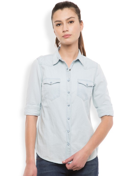 Women Blue Slim Fit Solid Casual Shirt S