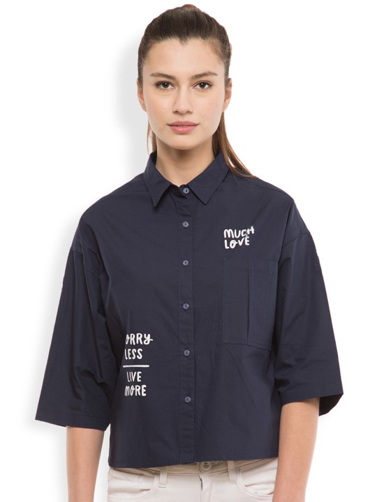 Women Navy Blue Relaxed Fit Solid Casual Shirt S