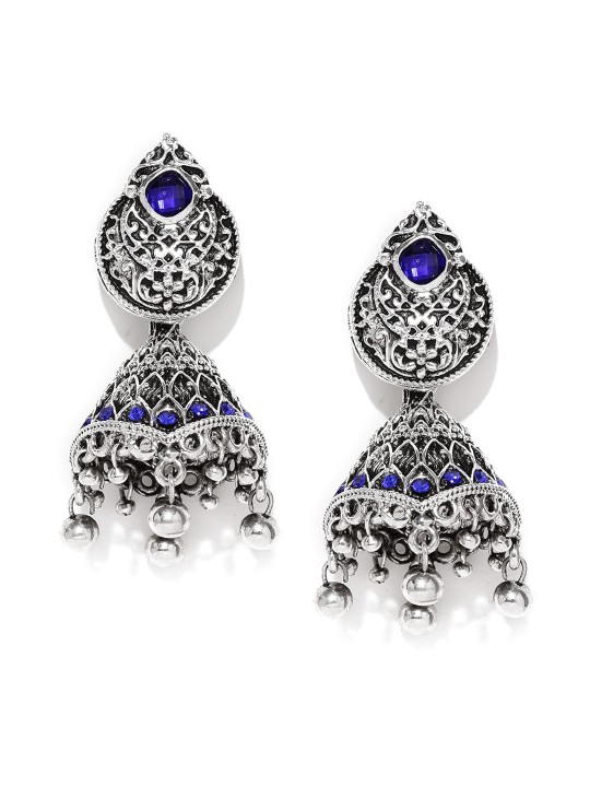 by Zaveri Pearls Blue & Oxidised Silver-Toned Rhodium-Plated Jhumka Earrings