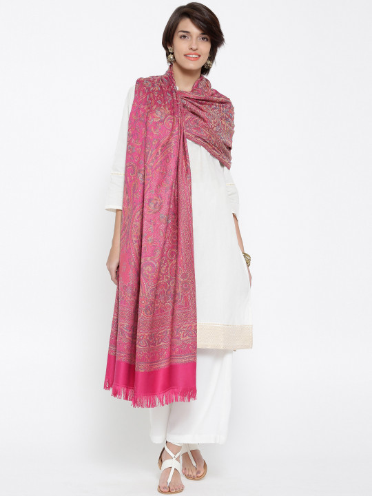 WEAVERS VILLA Magenta Pashmina Wool Patterned Shawl