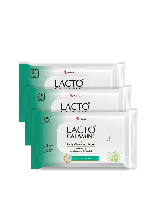 Lacto Calamine Set of 3 Daily Cleansing Wipes with Aloe Vera & Cucumber – 25 Wipes Each