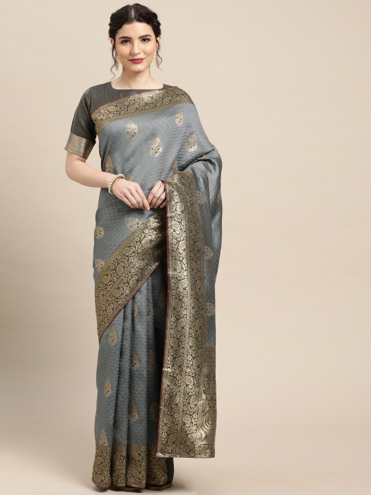 Saree mall Grey & Gold-Toned Floral Silk Blend Banarasi Saree
