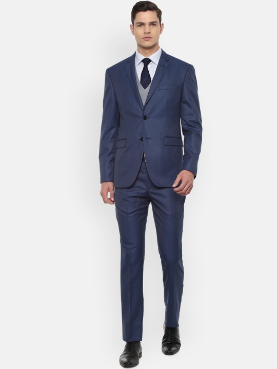 Louis Philippe Men Navy Blue Self-Design Slim-Fit Single-Breasted Three-Piece Formal Suit