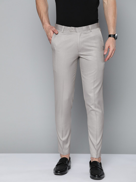 DENNISON Men Grey Solid Smart Tapered Fit Flex-Waist Easy Wash Cotton Trousers