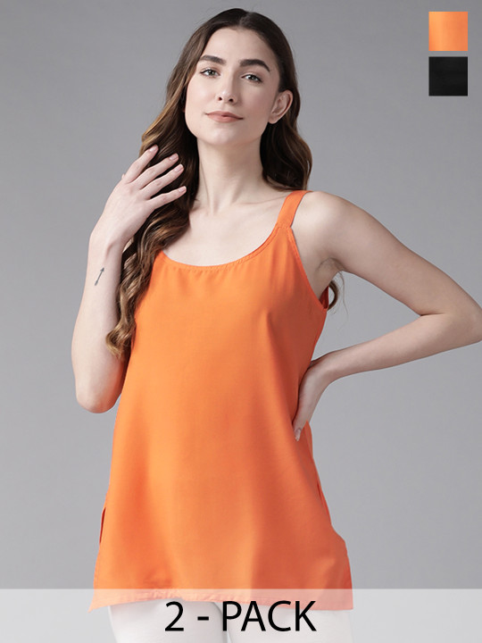 ADA Women Black & Orange Pack Of 2 Solid CottonHandloom Camisoles