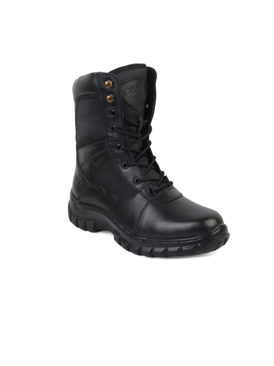 XHUGOY Men Black Solid Leather Flat Boots