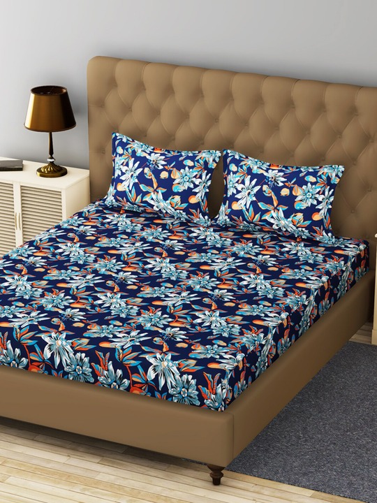 Bianca Navy Blue & Orange Floral 200 TC King Bedsheet with 2 Pillow Covers