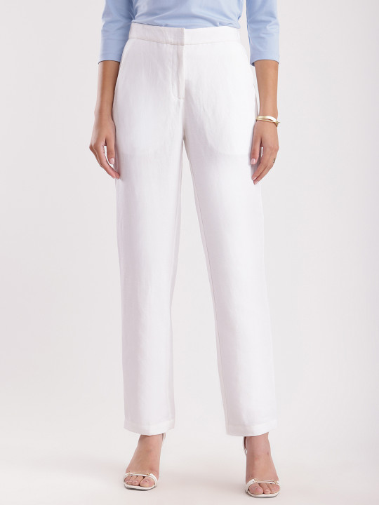 FABLE STREET Women White Comfort Tapered Fit Trousers