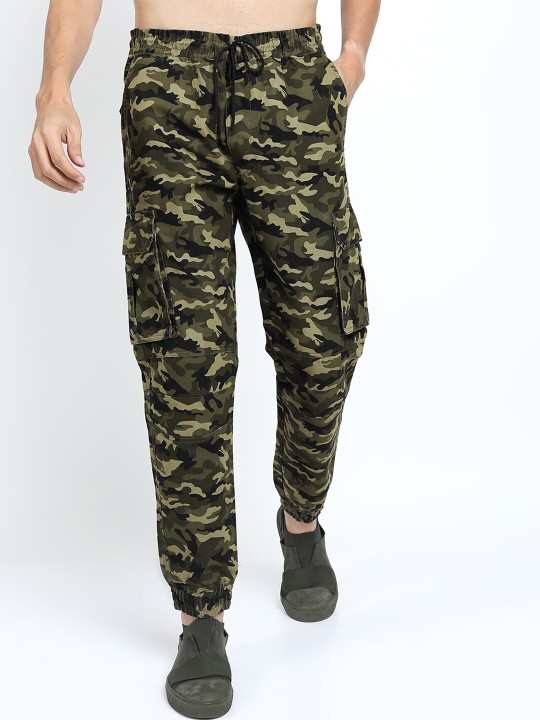 Men Olive Green Camouflage Printed Cargos Trousers deal from myntra