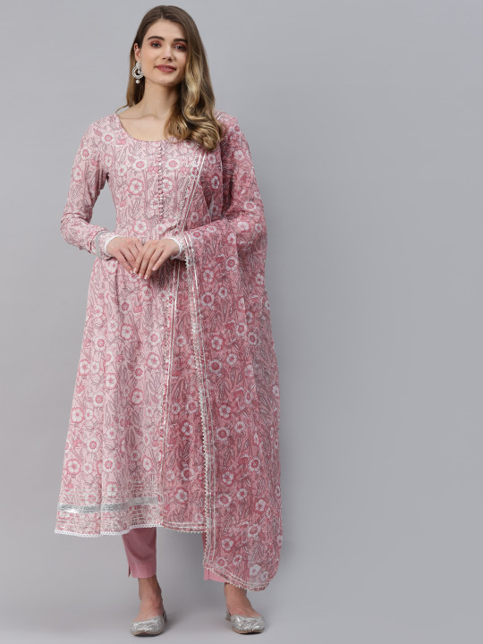 Divena Women Pink Floral Printed Gotta Patti Pure Cotton Anarkali Kurta Set