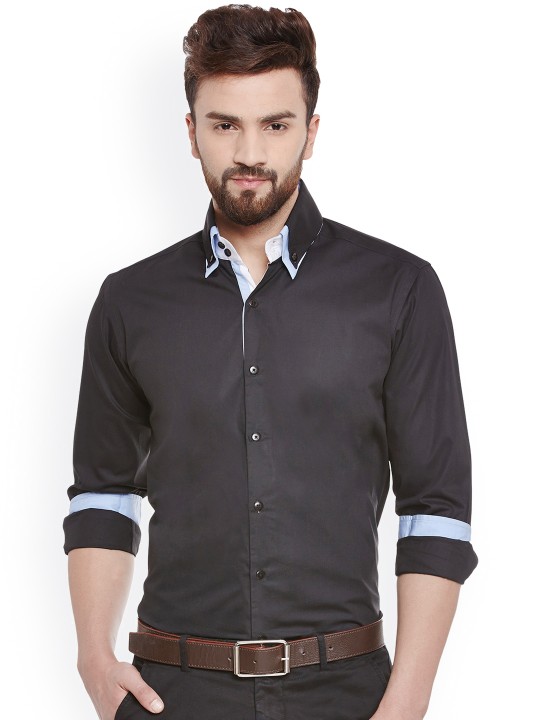 Men Black Slim Fit Solid Full Sleeves Casual Shirt