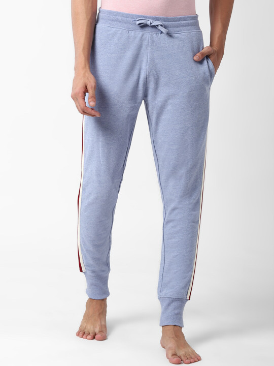 Peter England Men Blue Melange Solid Knitted Lounge Joggers with Side Taping Detail