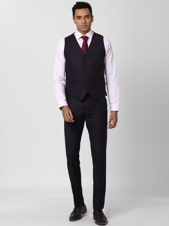 Van Heusen Men Navy Blue Checked Single-Breasted Slim-Fit Four-Piece Suit