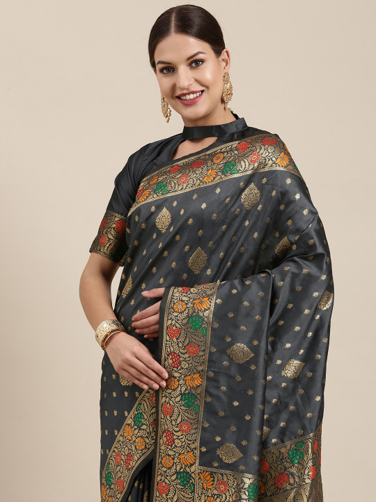 Saree mall Grey & Gold-Toned Ethnic Motifs Silk Blend Sarees