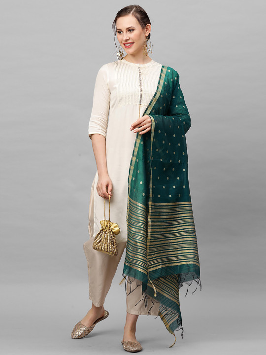 Indo Era Green Woven Design Art Silk Dupatta