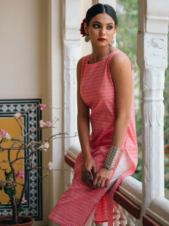 anayna Women Pink & White Pure Cotton Floral Printed Kurta