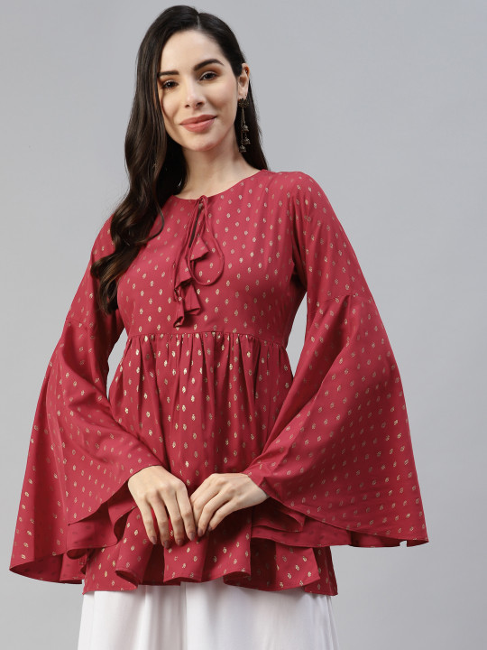 MBE Maroon & Beige Print Tie-Up Neck Crepe Peplum Top