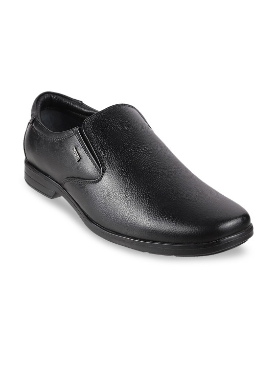 Metro Men Black Solid Leather Formal Slip-On Shoes