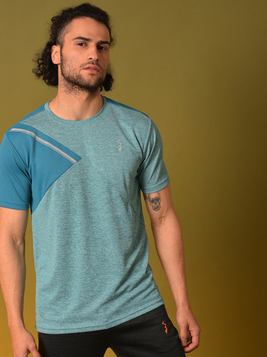 Campus Sutra Men Teal Green & Blue Colourblocked Sports T-shirt
