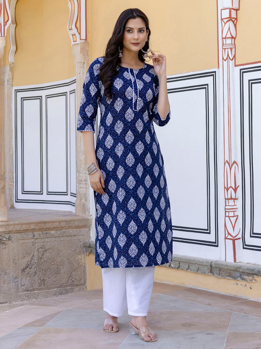 Nayo Women Navy Blue & White Ethnic Motifs Printed Cotton Indigo Kurta