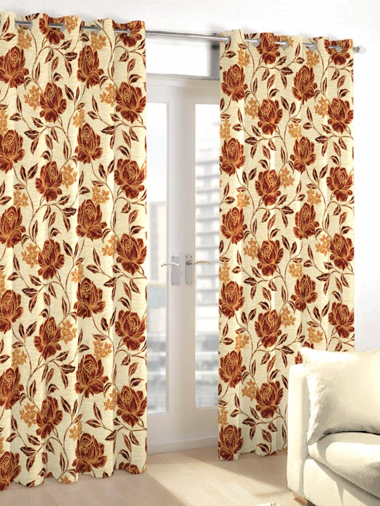 Beige & Maroon Single Floral Print Long Door Curtain