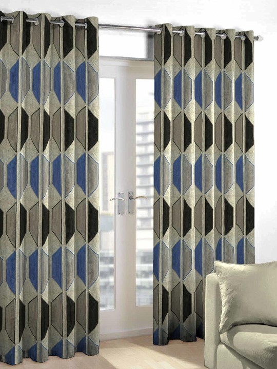Grey & Blue Printed Long Door Curtain