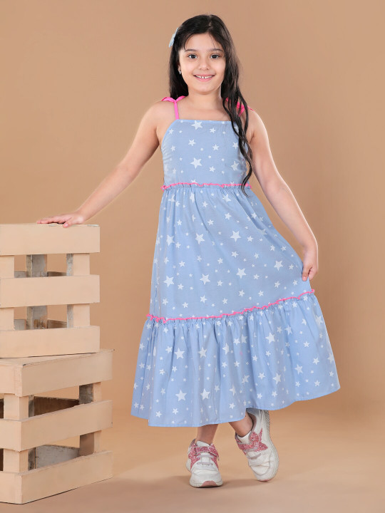 StyleStone Girls Blue A-Line Cotton Midi Dress