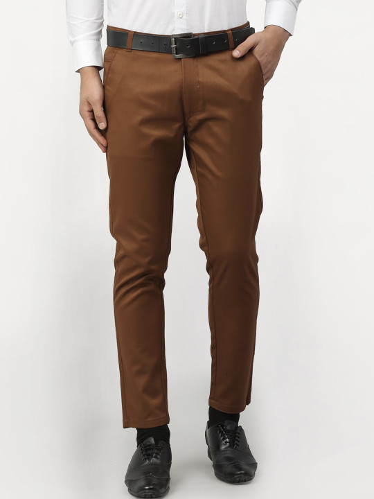 JAINISH Men Brown Smart Slim Fit Easy Wash Regular Trousers
