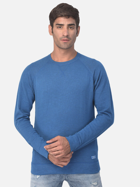 Woodland Men Blue Solid Cotton Pullover