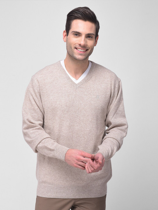Woodland Men Beige & White Solid Wool Pullover