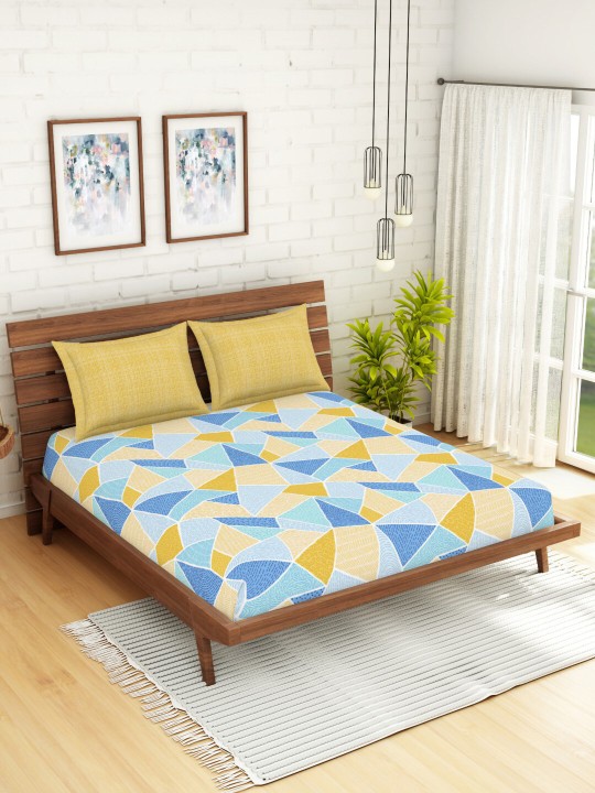 Spaces Yellow & Blue Geometric 144 TC Cotton Queen Bedsheet with 2 Pillow Covers