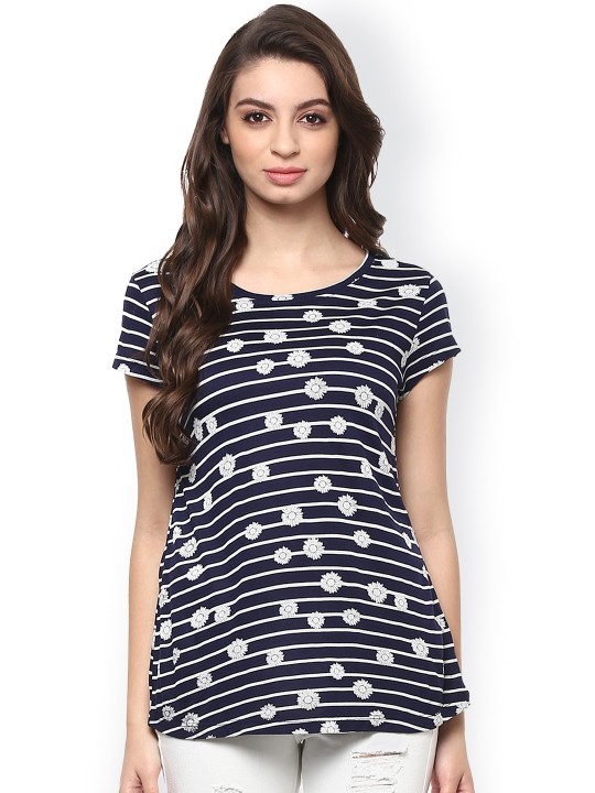Women Navy Blue Striped Regular Top S