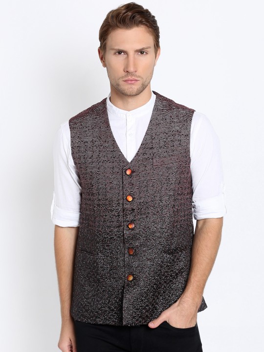 Burgundy Self-Design Waistcoat 36
