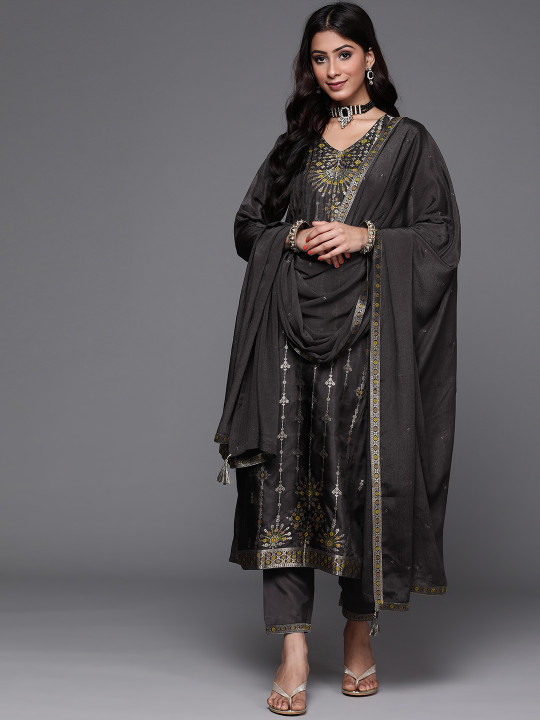 Gerua By Libas Women Charcoal Grey & Mustard Yellow Ethnic Zari Straight Kurta Trousers Dupatta