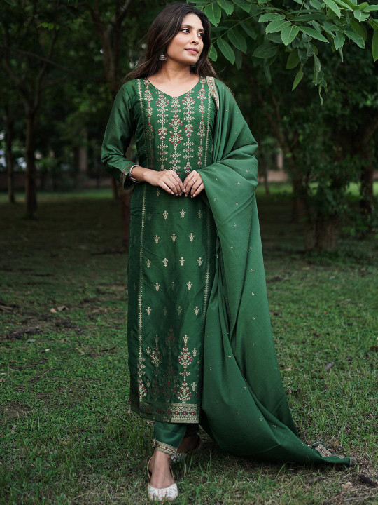 Gerua By Libas Women Green & Gold Zari Woven Design Straight Kurta with Trousers & With Dupatta