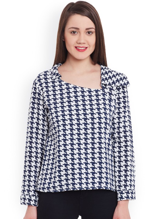 Navy & White Houndstooth Print Top XS