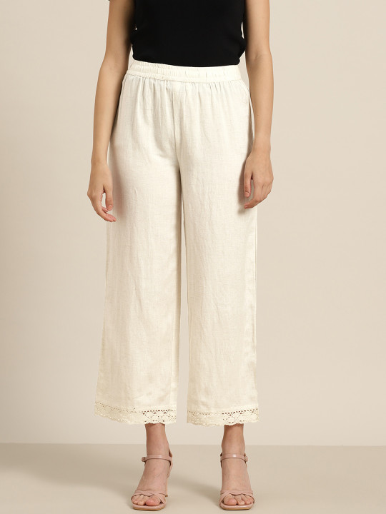 Juniper Women Off White Solid Knitted Ethnic Palazzos