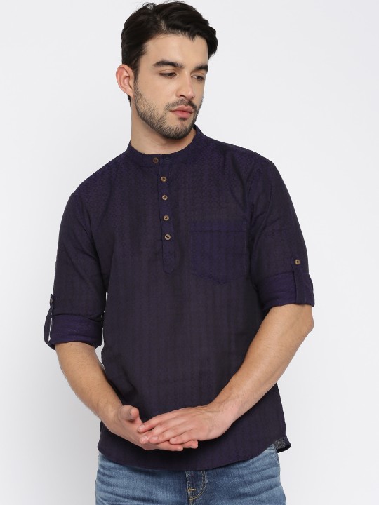 Men Purple Embroidered Short Kurta