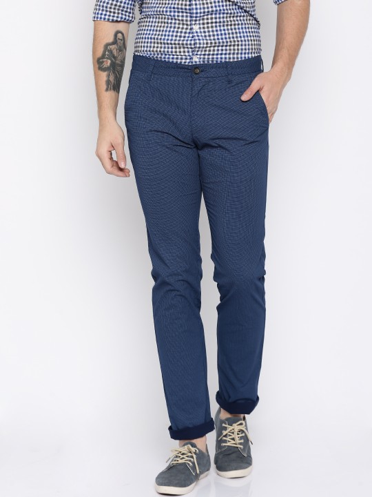 Men Blue Printed Cambridge Slim Fit Chino Trousers 34