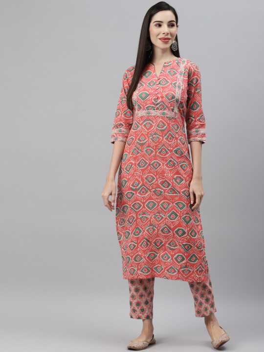 Indibelle Women Peach & Green Pure Cotton Ethnic Motifs Printed Kurta
