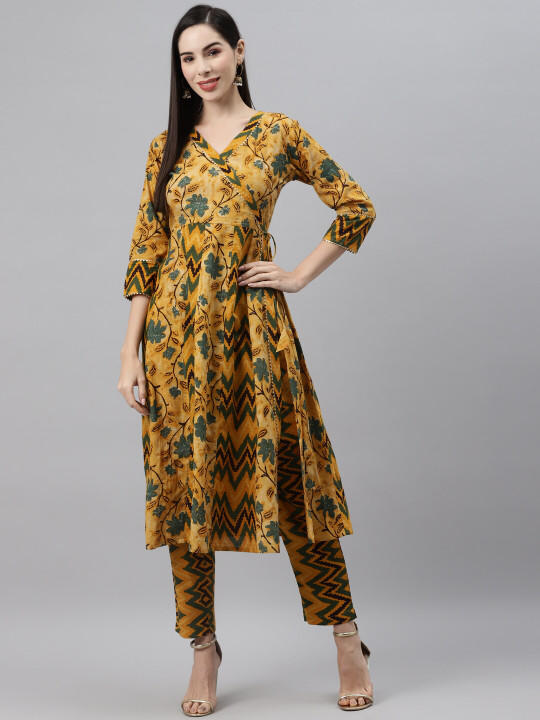 Indibelle Women Mustard Yellow & Green Pure Cotton Ethnic Motifs Printed Kurta